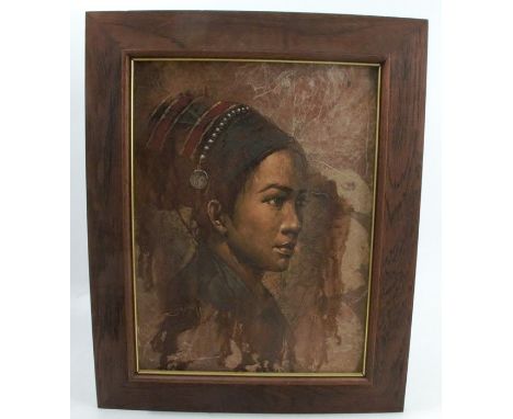 Sichart, oil painted on leaves on canvas, portrait of a woman, 15.5ins x 11.5ins