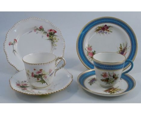A Royal Worcester trio, decorated with sprays of flowers and thistles, dated 1898, together with another Royal Worcester trio