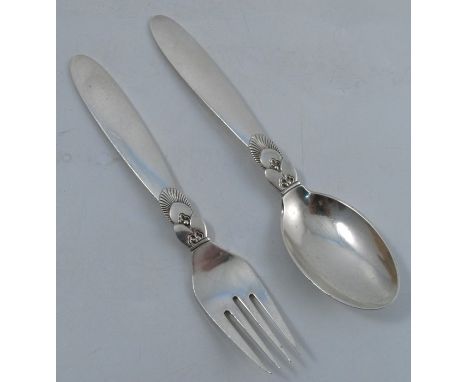 A Georg Jensen silver christening spoon and fork, in the cactus pattern, weight 2oz
