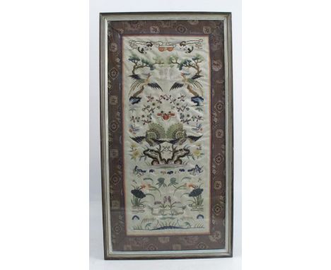 An Oriental embroidery panel, of birds, insects and foliage on silk, 20ins x 10ins