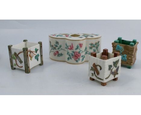 Three Royal Worcester square bough pots, with rustic moulded decoration of ivy leaves, insects to a wood effect ground, dated