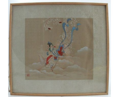 An Oriental print on silk, girl riding on a cockerel type bird, 15.25ins x 16.5ins