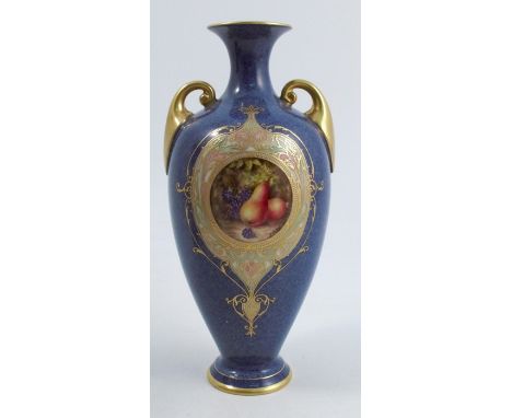 A Royal Worcester Sabrina ware pedestal vase, having a pair of gilt handles, decorated with a circular vignette of fruit to a