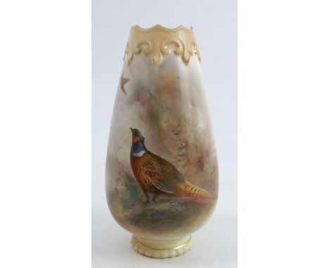 A Royal Worcester vase, decorated with a cock pheasant and a hen pheasant in flight by Jas Stinton, with blush ivory moulded 