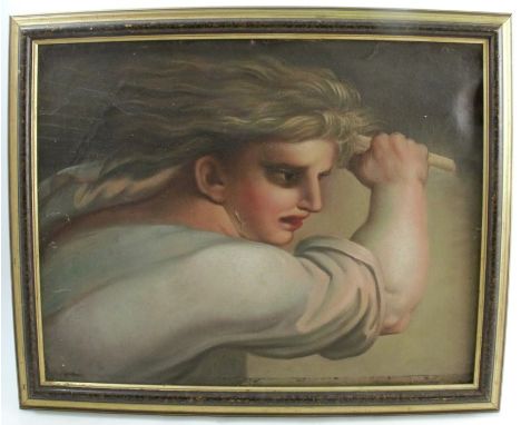 A 20th century oil on canvas, portrait of a figure with long blond hair and gripping a handle, 20ins x 15.5ins