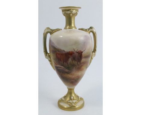 A Royal Worcester pedestal vase, decorated with Highland cattle in landscape by H Stinton, shape number 2248, dated 1909, hei