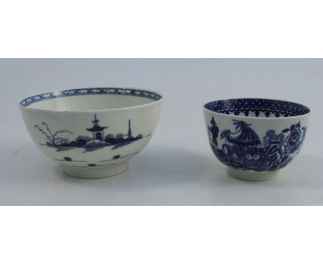 A First Period Worcester tea bowl, decorated in the Fisherman and Cormorant pattern, crescent mark to base, together with ano