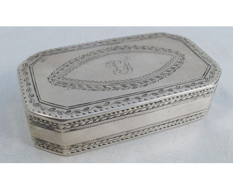 A Georgian silver snuff box, of rectangular form with canted corners, having bright cut decoration and initials, Birmingham 1