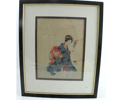 An Oriental print, a girl playing with toys, 12.25ins x 9.25ins