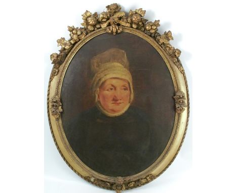 A 19th century English School oval oil on canvas, portrait of a woman wearing a white bonnet and ruffle collar, maximum diame