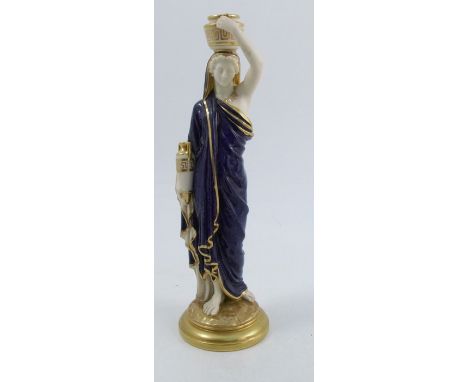 A Royal Worcester model, of a Grecian water carrier, decorated in a mottles blue and gilt to a parian ground, raised on a gil