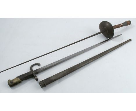 A French bayonet, with scabbard, the blade engraved and dated 1876, together with an Epee fencing sword