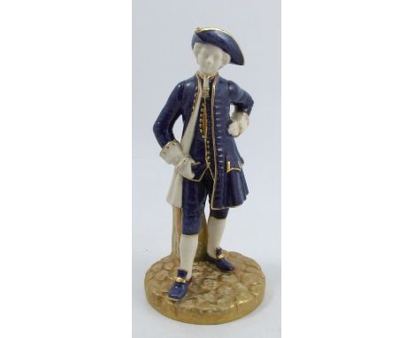 A Royal Worcester model, of a Gallant, decorated in mottled blue and gilt to a parian ground, raised on a gilt base, model nu