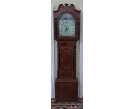 A 19th century oak and mahogany long case clock, the painted arched dial inscribed Rogers Dudley, painted with two huntsmen a