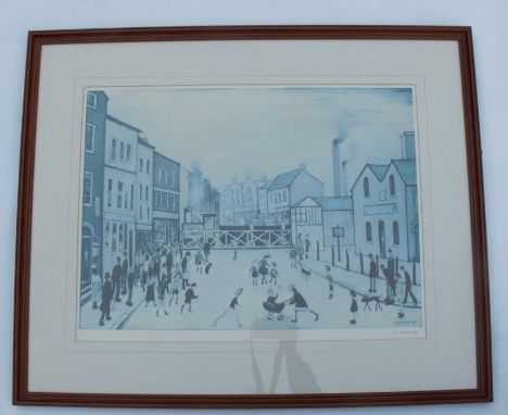 A signed Lowry print, Level Crossing Rochdale Road, bearing a label to the reverse for the Bernhardt Gallery, limited edition