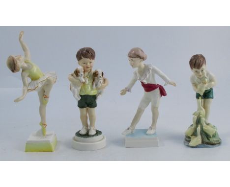 Four Royal Worcester figures, All Mine, model number 3519, Johnnie, model number 3433, Masquerade Boy, model umber 3359 and T