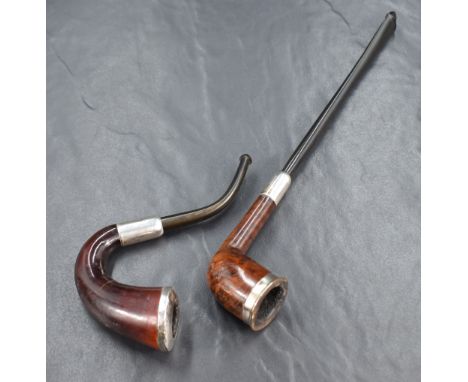 Two early 20th century silver mounted wooden tobacco smoking pipes, marks for Dublin and Chester, 1907, 1920, makers Kapp &am