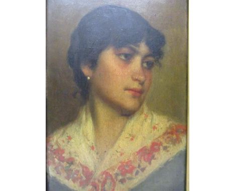 Late 19th century Continental School - a head and shoulder portrait of a girl with dark hair wearing a pearl earring and flor