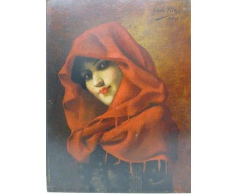 Carlo Pila - a head and shoulder portrait of a girl wearing a red tasselled scarf, oil on panel, signed top right corner and 