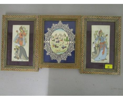 Two Asian portraits of a woman and another of a hunting scene with figures on horseback, watercolour in glazed, inlaid frames