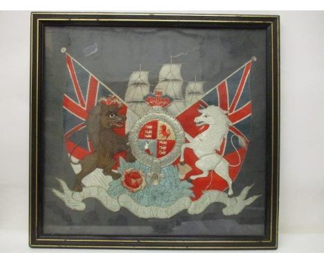 An early 20th century tapestry of the English Royal Coat of Arms for the United Kingdom with an Admiral of the White, an Admi