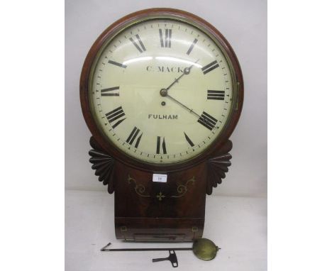 A Regency mahogany drop dial clock, the 14" painted, convex dial inscribed C Mack, Fulham and Roman numerals, with moon hands
