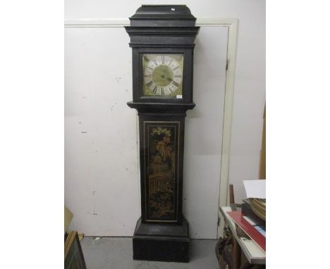 A mid 18th century black lacquered, single hand, 30 hour long case clock. The dial having a matted brass centre, silver chapt