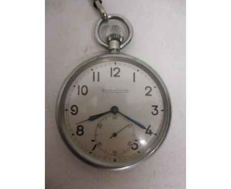 A 1940s Jaeger LeCoultre military issue gents open faced pocket watch, having Arabic numerals, subsidiary seconds dial and bl