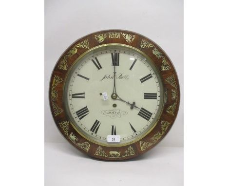 A mid 19th century rosewood 12" dial clock having a mother of pearl inlaid, painted dial, Roman numerals and inscribed John B