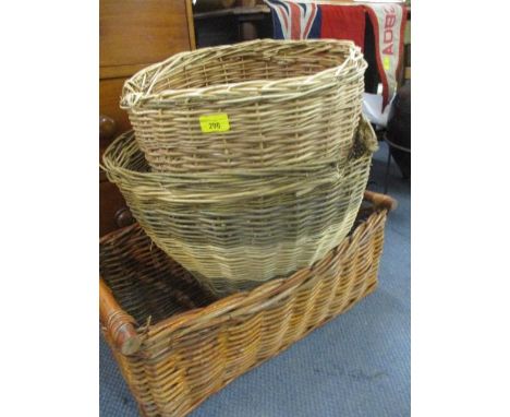 Two wicker bee skeps and a twin handled basket and late 19th century tea cups and saucers, coffee cans, dishes and a Royal Do