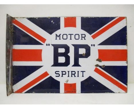 An enamelled double sided BP Motor Spirit advertising sign with a Union Jack, stamped Protector Eccles 422, 16" h, 24" w 