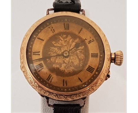 An 18ct. gold Swiss wrist watch, manual movement stamped S.S & Co. (Stauffer, Son & Co), having engraved, engine turned and t
