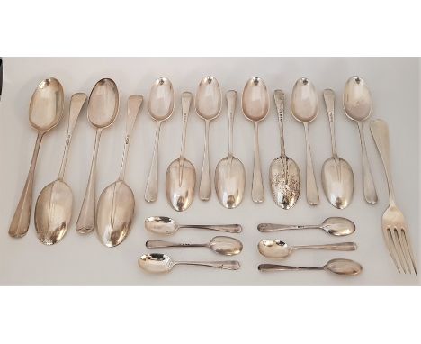 A large collection of silver flatware, to include: Four silver 'rat tail' pattern table spoons, three by William Hutton &amp;