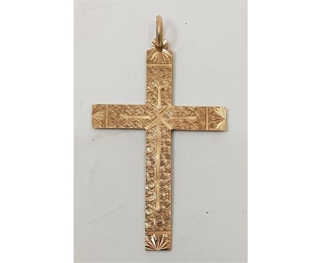 A 14ct. gold cross, with engraved and engine turned decoration to both sides, height 6.5cm. (6.7g)