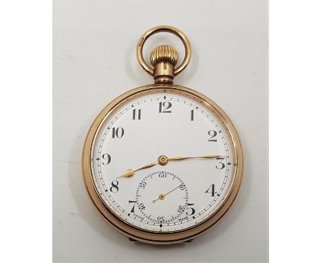 A 9ct gold pocket watch, crown wind, having white enamel Arabic numeral dial and subsidiary Arabic numeral seconds dial, spad