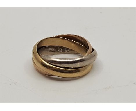 A Chinese 9ct. tri-colour gold trinity ring, stamped "375" and character marks. (5.4g)Ring size: UK M1/2