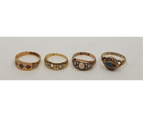 Four antique rings, to include; a Victorian 15ct. gold, sapphire and seed pearl ring, gypsy set sapphire to centre with pierc