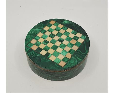 **AWAY**A brass and malachite circular chess box, diameter 14.3cm.