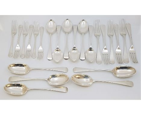 A matched part set of old English pattern silver flatware for six, to include; six each silver table forks and dessert spoons