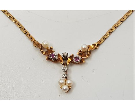 A 9ct. gold, diamond, ruby and seed pearl pendant necklace, set single cut diamonds, rubies and seed pearls to 'C' link chain