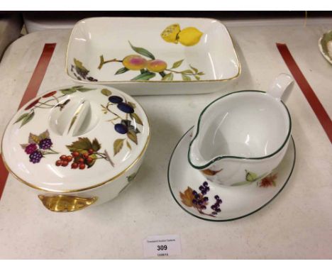 3 pieces of Royal Worcester Evesham dinnerware - gravy boat, oblong dish & small lidded serving dish.