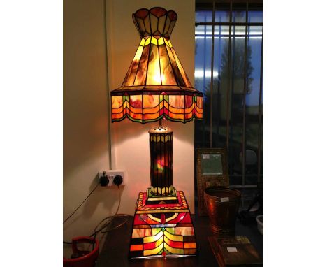 A large and impressive Tiffany style glass lamp all hand made by stained glass artist David Warren in 1989. Height 42" (107cm