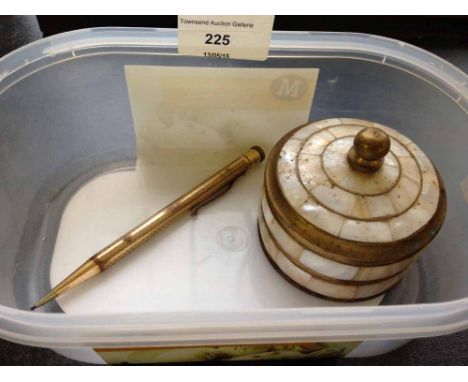 A vintage brass & mother of pearl trinket box with a rolled gold propelling pencil.