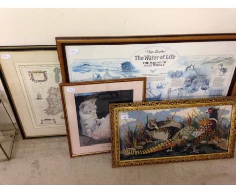 A F&G tapestry of pheasants c1960's with a F&G map print, a cat and pig print, and a making of whisky print