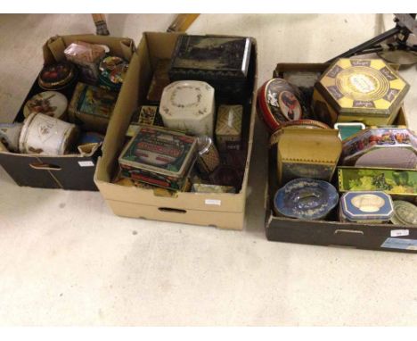 3 boxes of vintage advertising tins to include a Co-Op B X Shoe Brushes and a French tin wall mounted enamelled salt box.