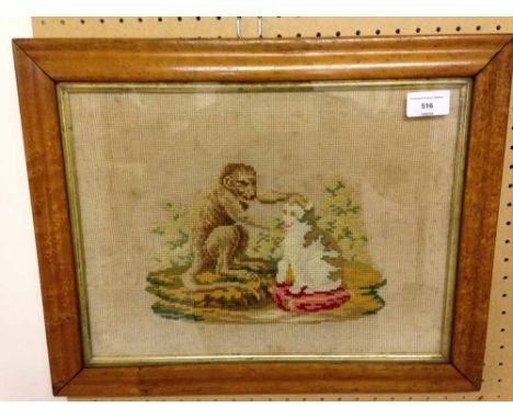 A Victorian tapestry of a monkey & cat in original maple frame c1893. 36 x 45cm.