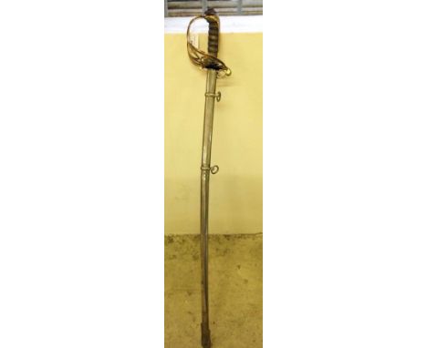 An 1822 pattern William IV British Infantry Officer's sword with brass gothic hilt with fold-down guard, slightly curved blad