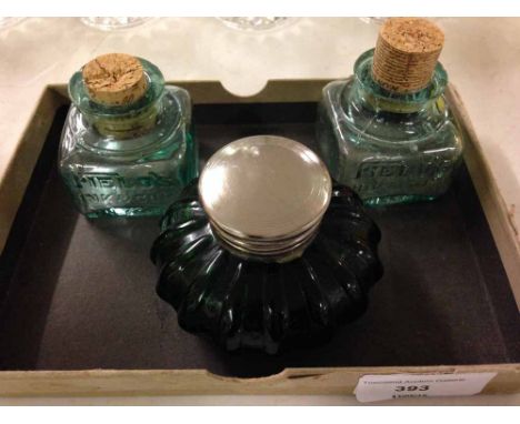 A pair of vintage Fields's Ink and Gum glass bottles. Rd No. 660694. Suitable for writing slopes with a moulded green glass i