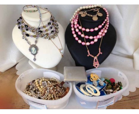 2 tubs of costume jewellery including necklaces, earrings and a cigarette case.