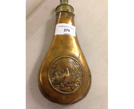 G & JW Hawksley copper powder flask with game birds decoration.